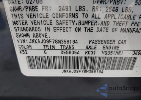 2008 Infiniti Ex35 Journey z USA, uszkodzony, nr VIN JNKAJ09F78M359194